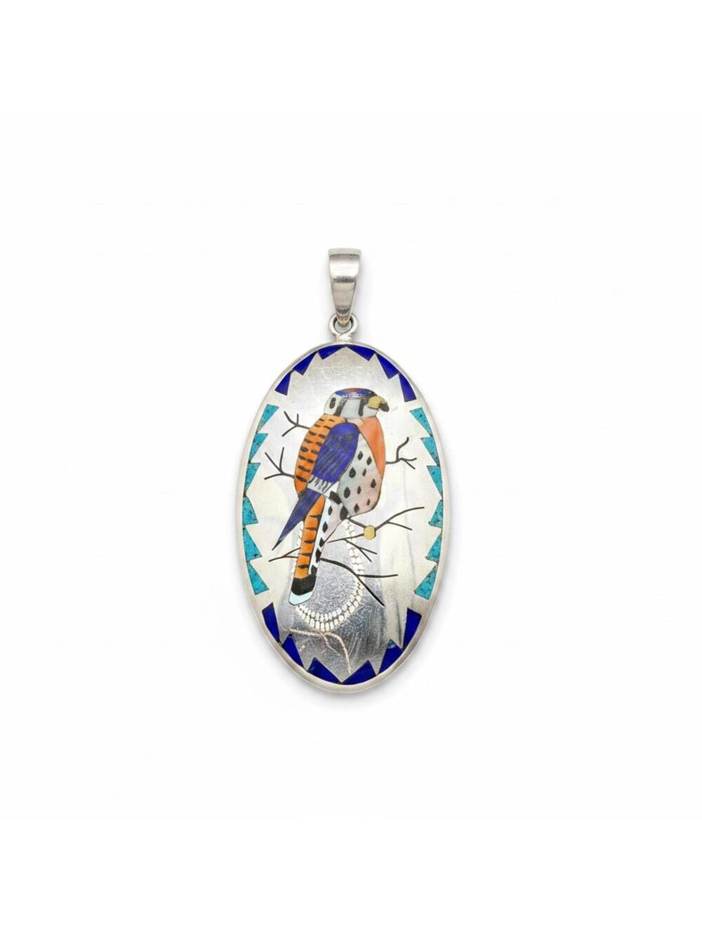 Quintin Quam Sr. Zuni Sterling Silver Mosaic Inlay Kestrel Bird Pendant